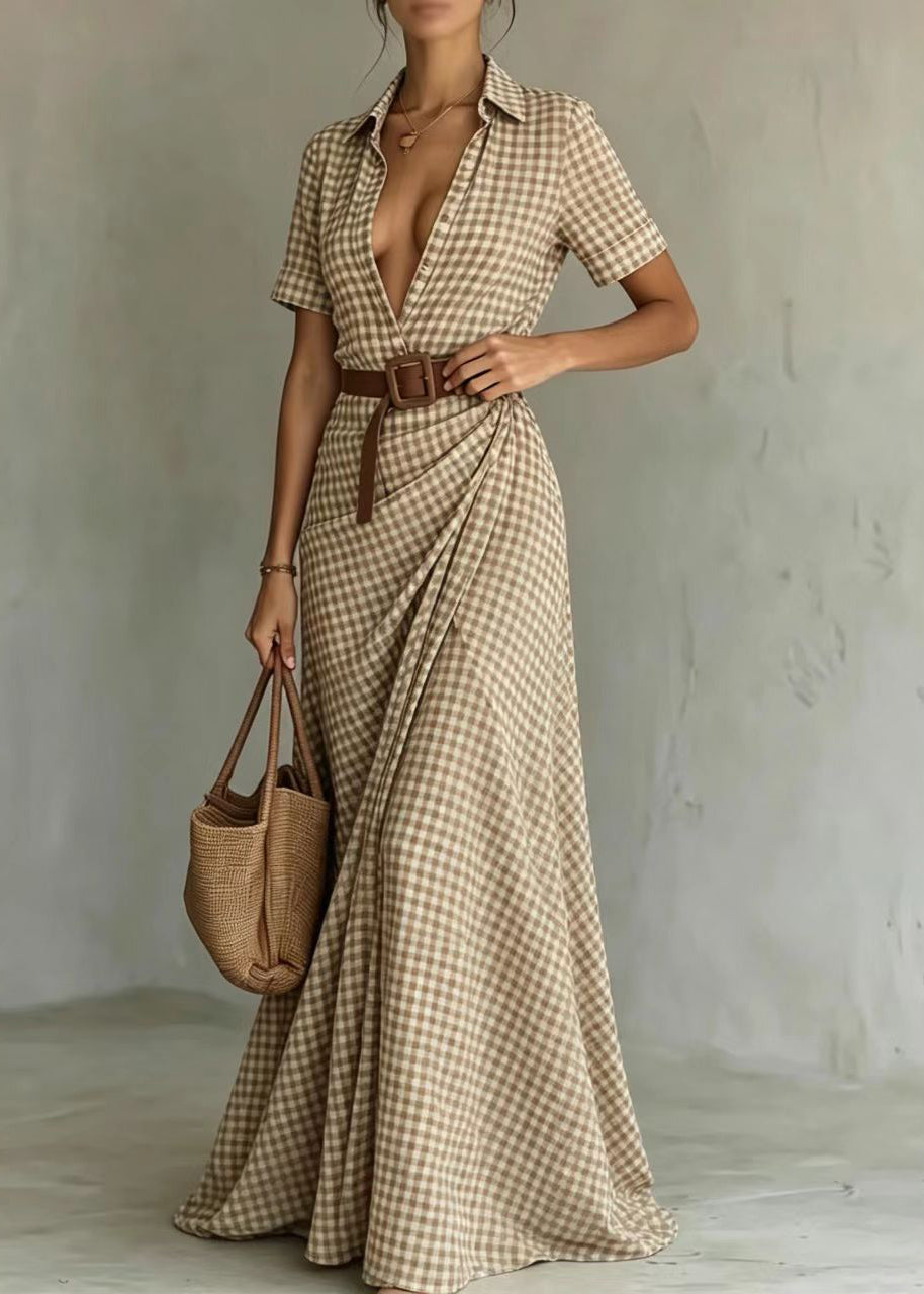 Women's Maxi Dress Peter Pan Collar Plaid Short Sleeve 1