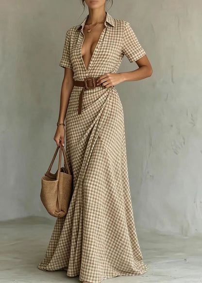 Women's Maxi Dress Peter Pan Collar Plaid Short Sleeve 1