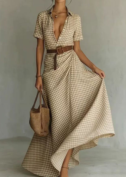 Women's Maxi Dress Peter Pan Collar Plaid Short Sleeve 2