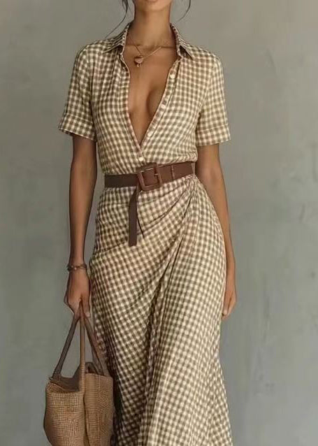 Women's Maxi Dress Peter Pan Collar Plaid Short Sleeve 4