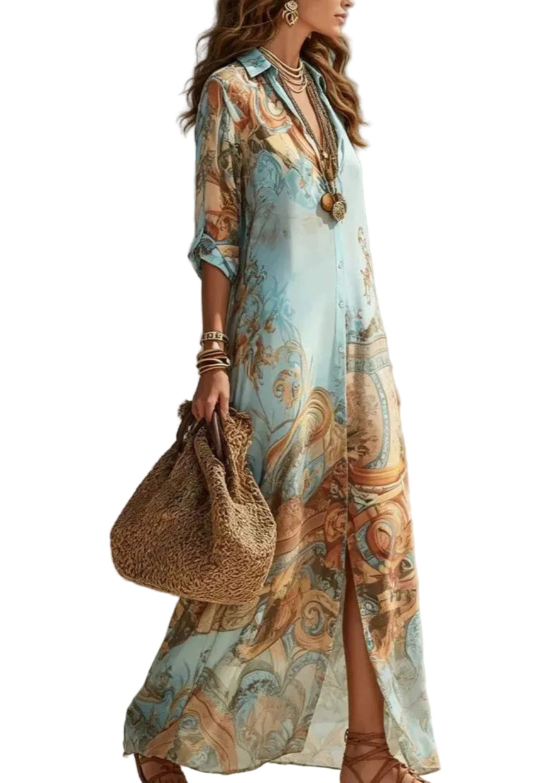 Women's Maxi Dress Peter Pan Collar Printed Summer Style 0