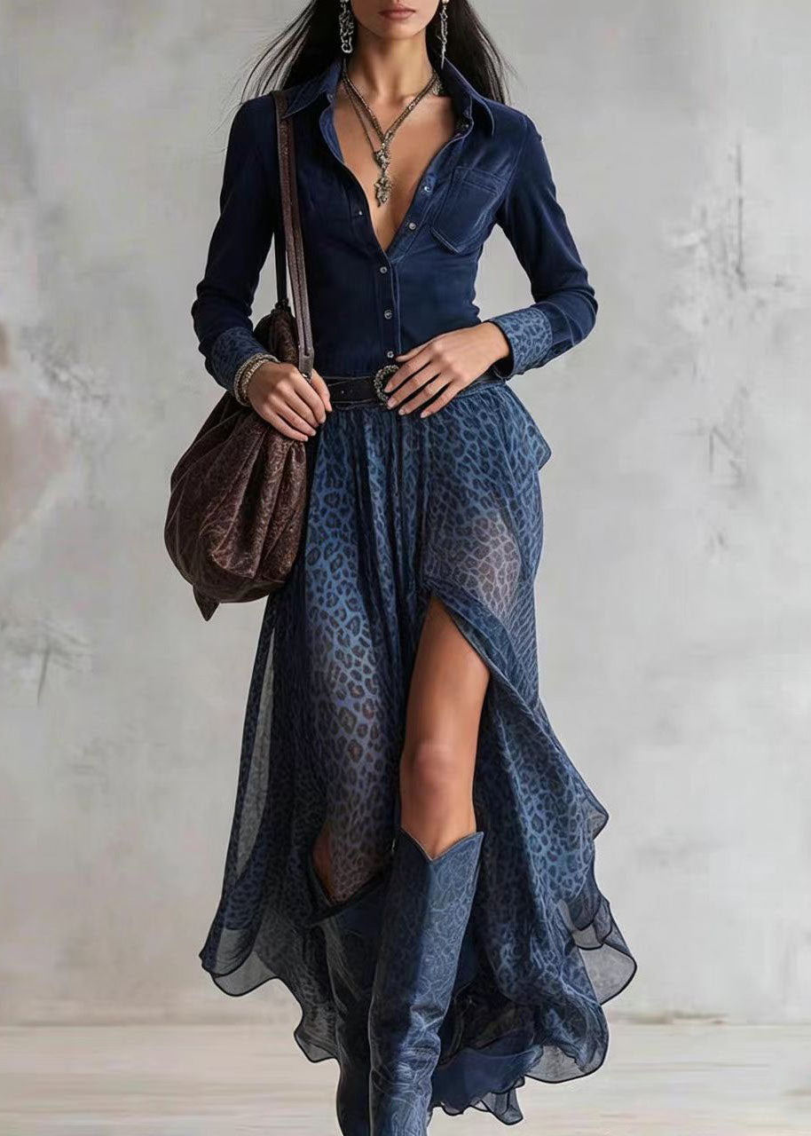 Women's Maxi Dress Peter Pan Collar Side Open Patchwork Long Sleeve 2
