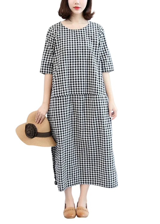 Women's Maxi Dress Plaid Loose Fit Half Sleeve Side Open 0