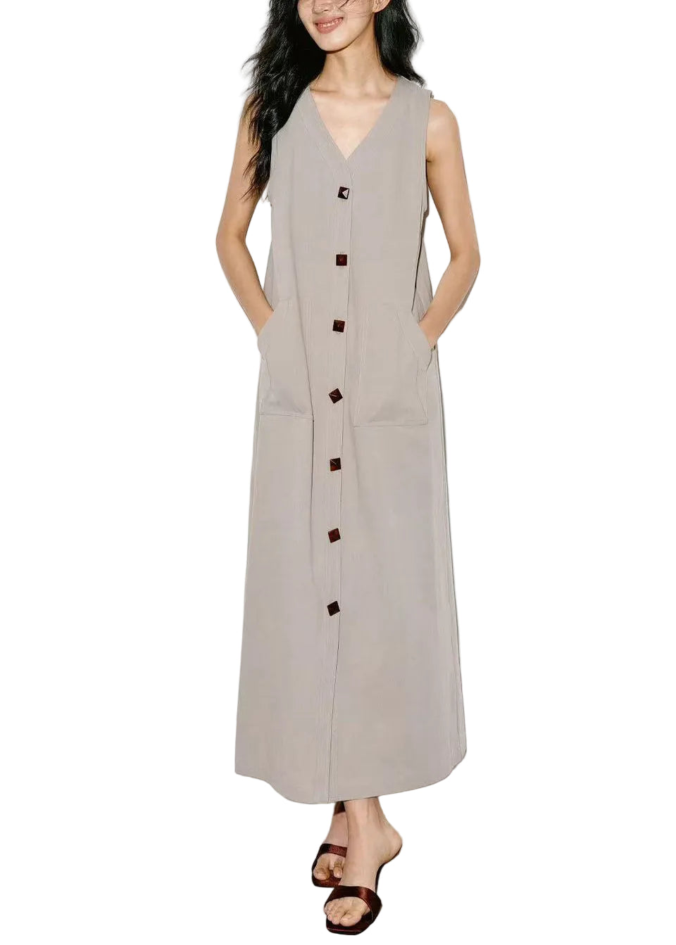 Women's Maxi Dress Sleeveless V Neck with Pockets 0