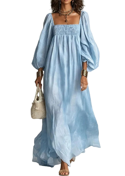 Women's Maxi Dress Square Collar Smocked Puff Sleeve 0
