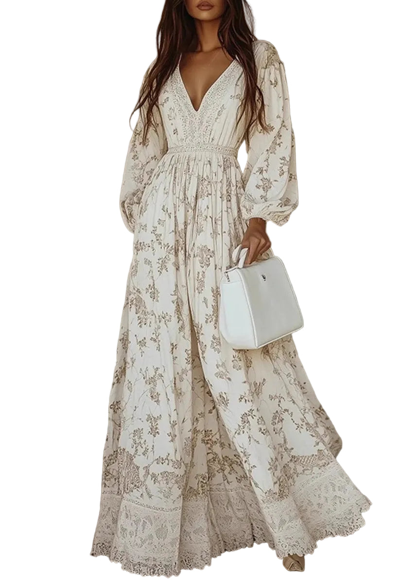 Women's Maxi Dress Textured Print with Lantern Sleeves 0