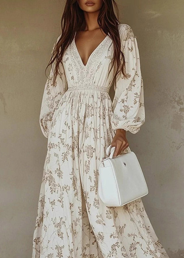 Women's Maxi Dress Textured Print with Lantern Sleeves 2