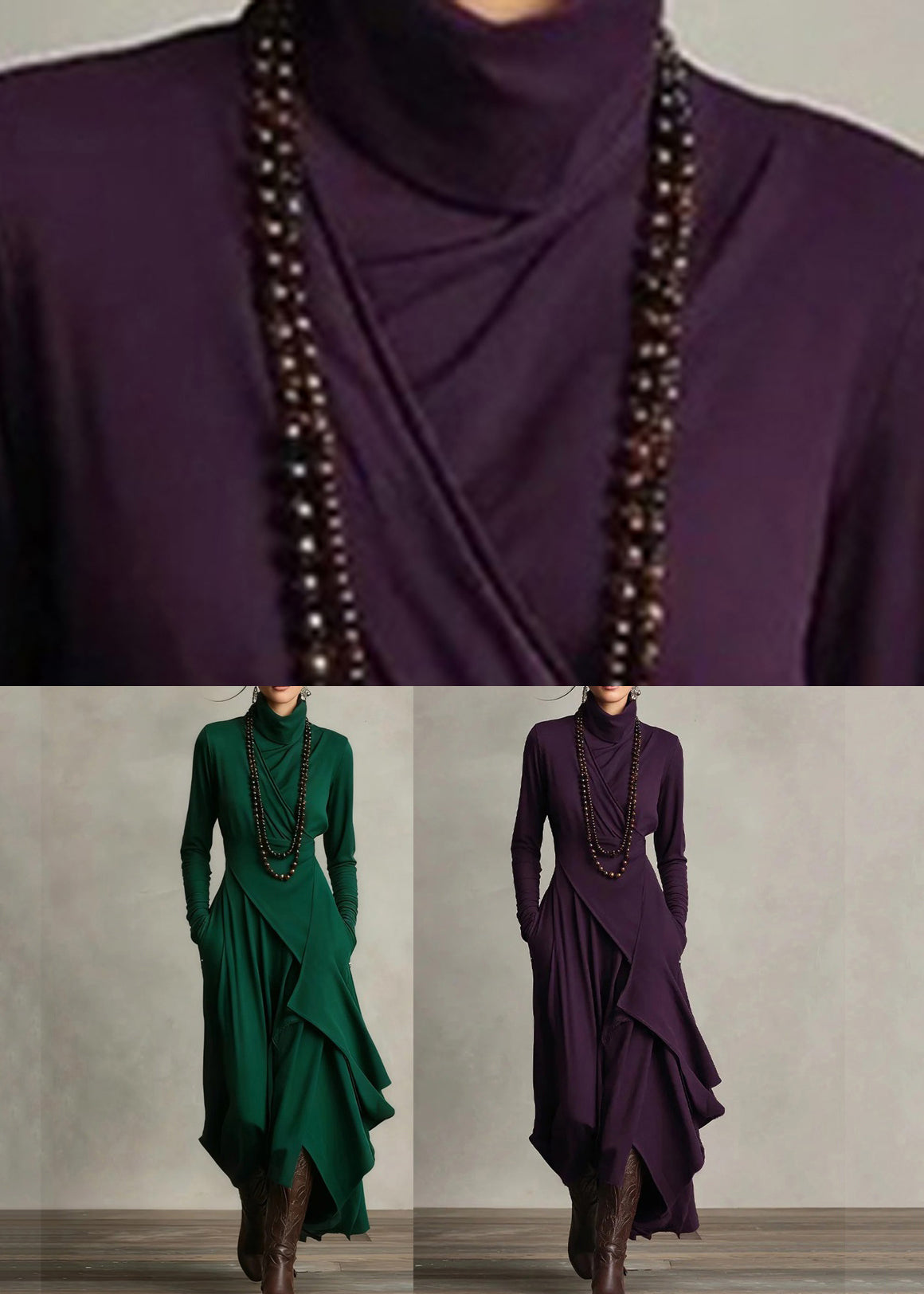 Women's Maxi Dress Turtleneck Patchwork Style 4