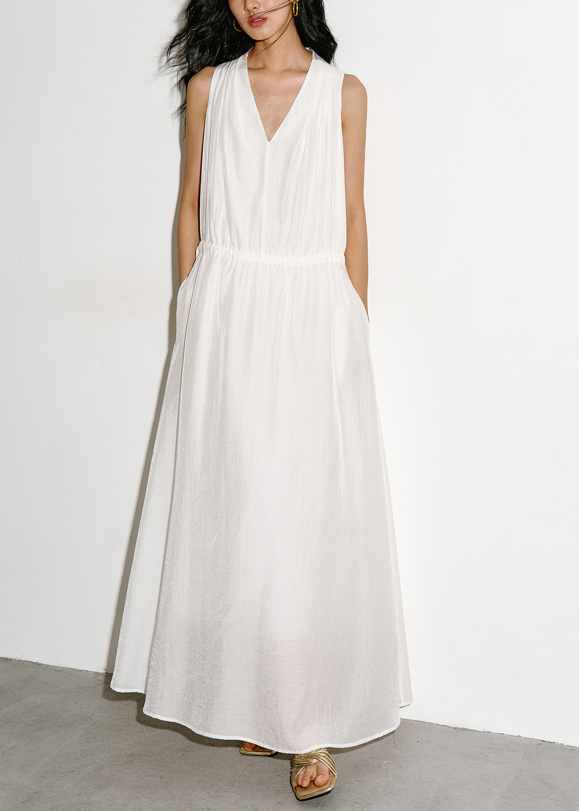 Women's Maxi Dress V Neck Drawstring Sleeveless Casual Summer Style 1