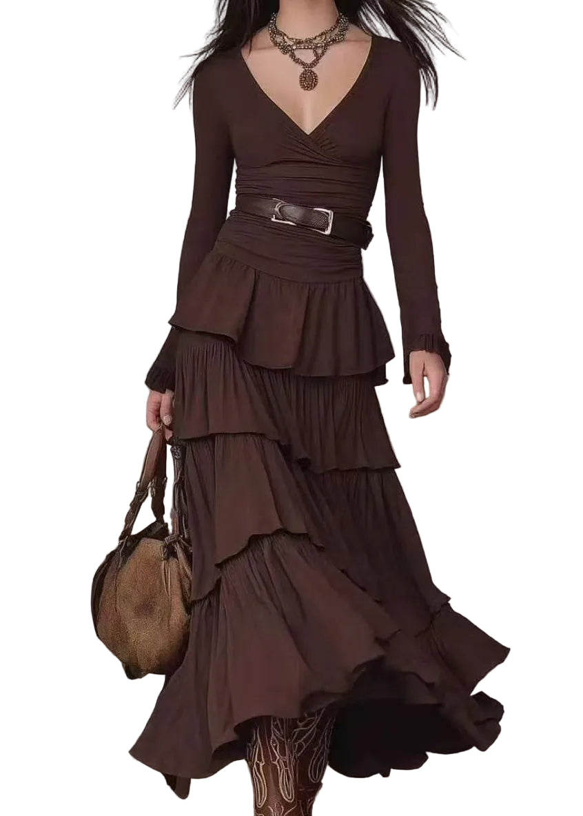 Women's Maxi Dress V Neck Layered Long Sleeve 0