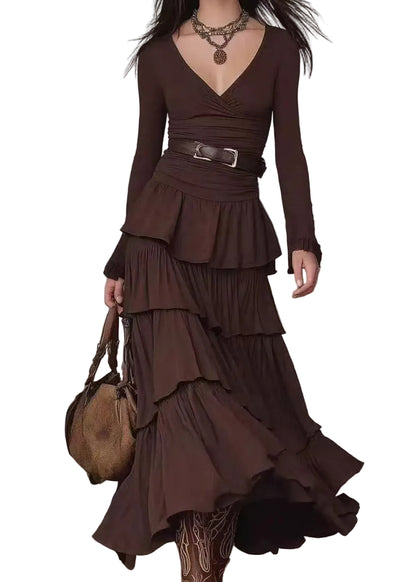 Women's Maxi Dress V Neck Layered Long Sleeve 0