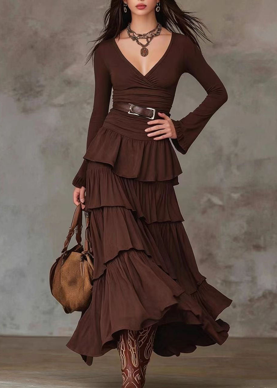 Women's Maxi Dress V Neck Layered Long Sleeve 2