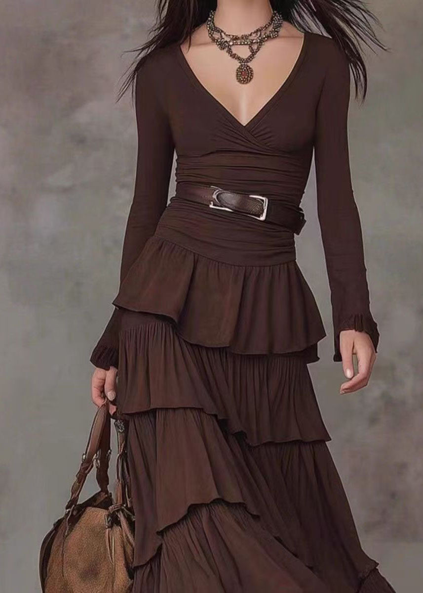 Women's Maxi Dress V Neck Layered Long Sleeve 3