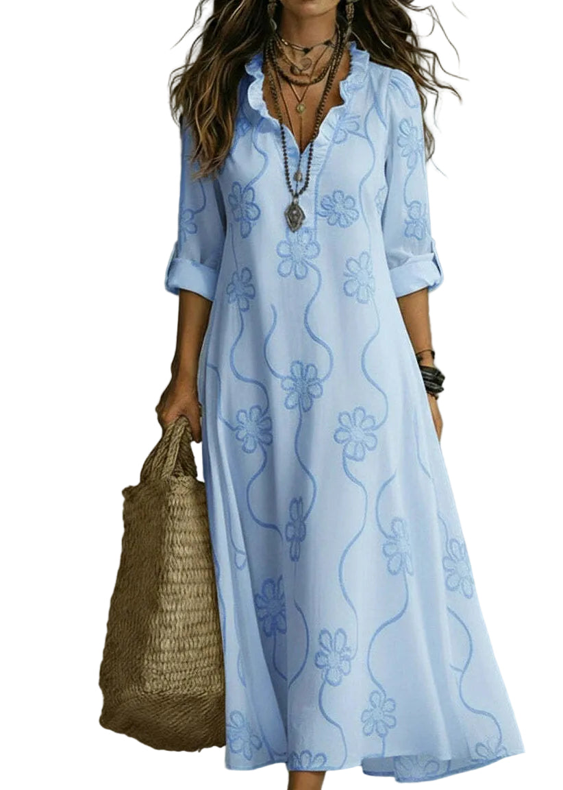 Women's Maxi Dress V Neck Ruffled Long Sleeve 0