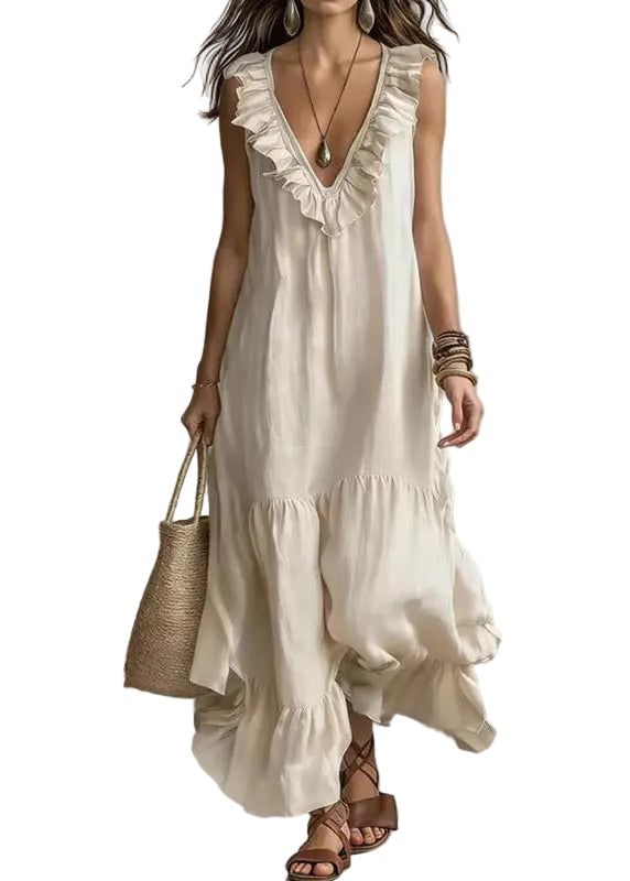 Women's Maxi Dress V Neck Ruffled Patchwork Casual 0