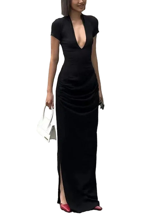 Women's Maxi Dress V Neck Side Open Short Sleeve 0
