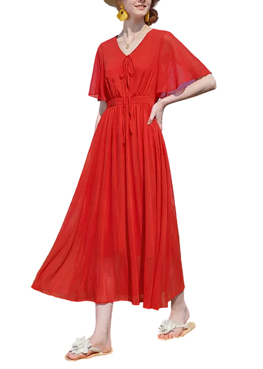 Women's Maxi Dress V Neck Wrinkled Patchwork Style 0