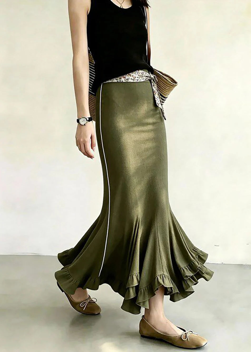 Women's Mermaid Skirt High Waist Ruffled Side Stripe 2