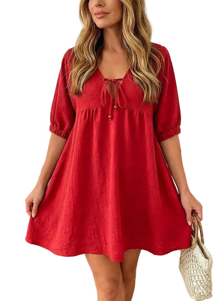 Women's Mid-Length Dress V Neck Tie Lace Half Sleeve 0