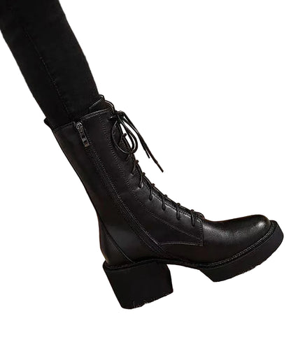 Women's Mid Calf Boots Chunky Heel Lace Up 0
