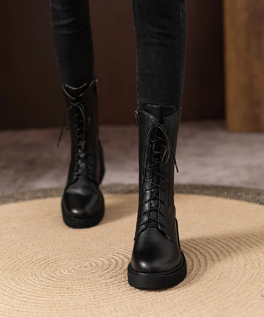 Women's Mid Calf Boots Chunky Heel Lace Up 1