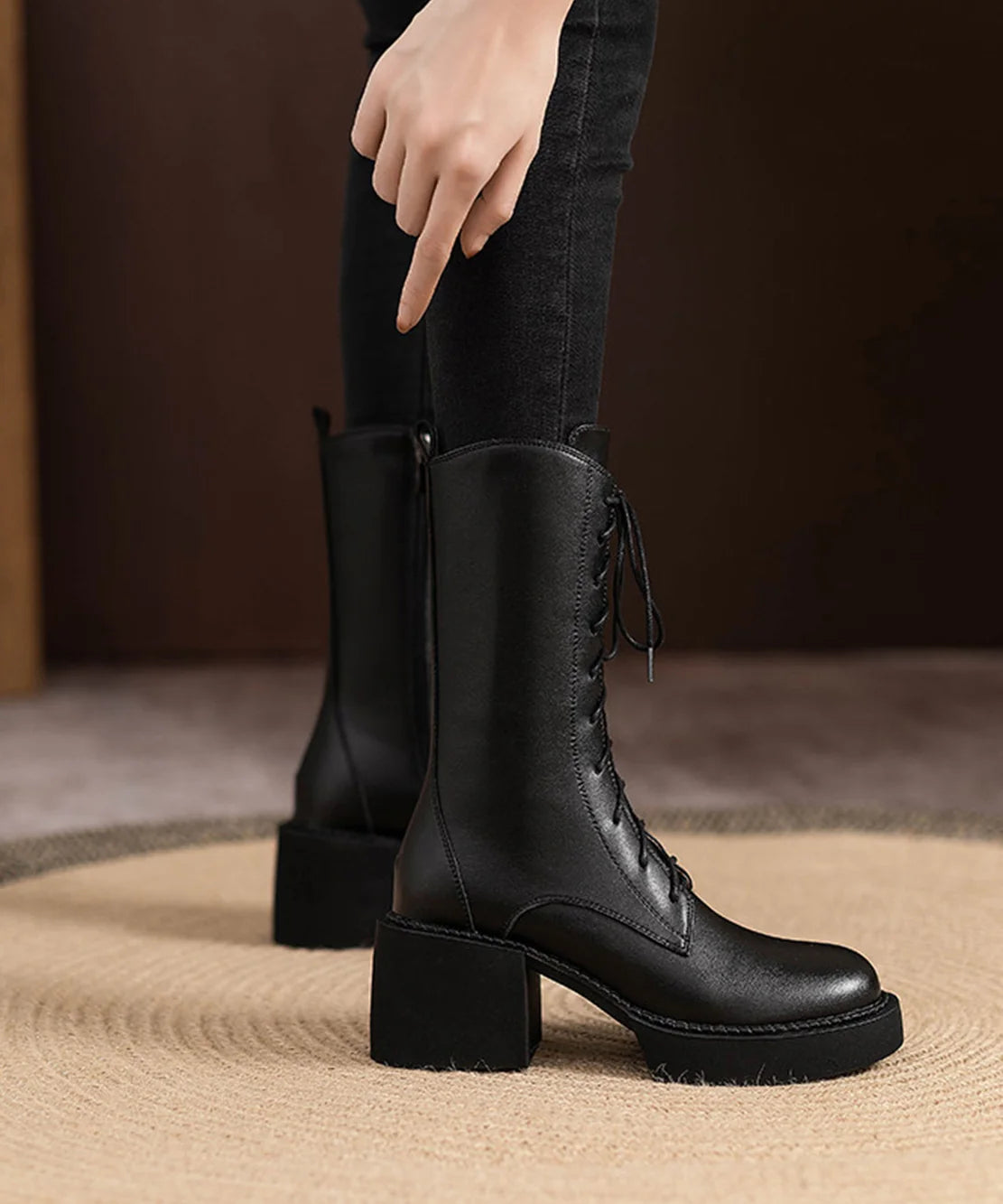 Women's Mid Calf Boots Chunky Heel Lace Up 2
