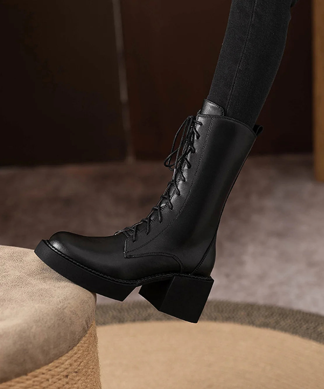 Women's Mid Calf Boots Chunky Heel Lace Up 3