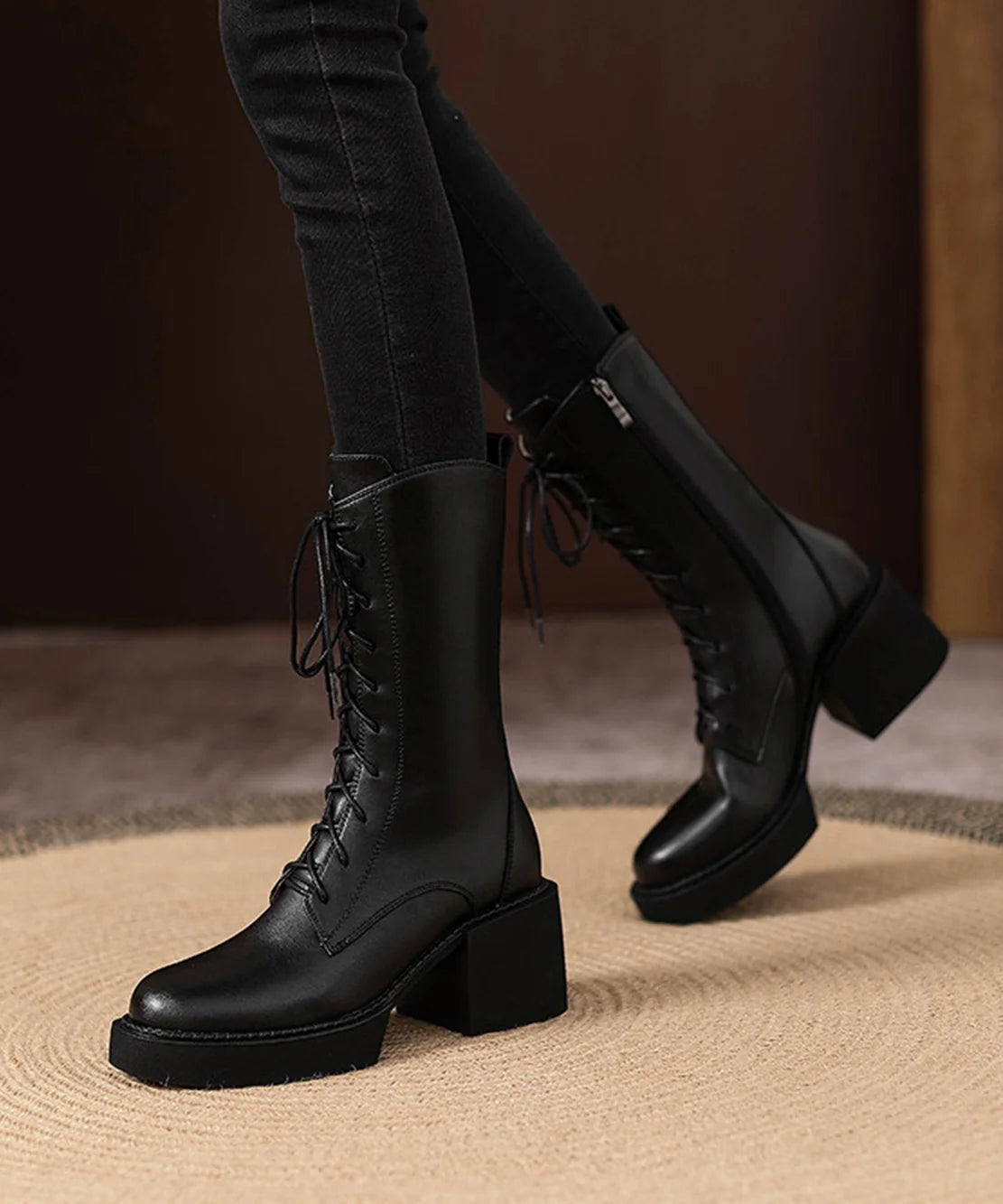 Women's Mid Calf Boots Chunky Heel Lace Up 4