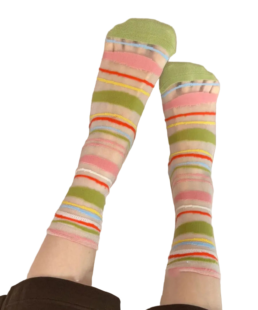Women's Mid Calf Socks Colorblock Sheer Mesh 0