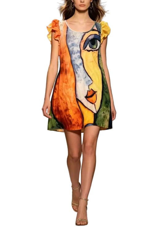 Women's Mid Dress Casual Rainbow Patchwork 0