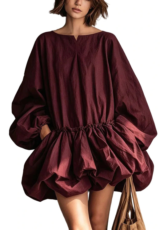 Women's Mid Dress O-Neck Ruffled Patchwork Lantern Sleeve 0