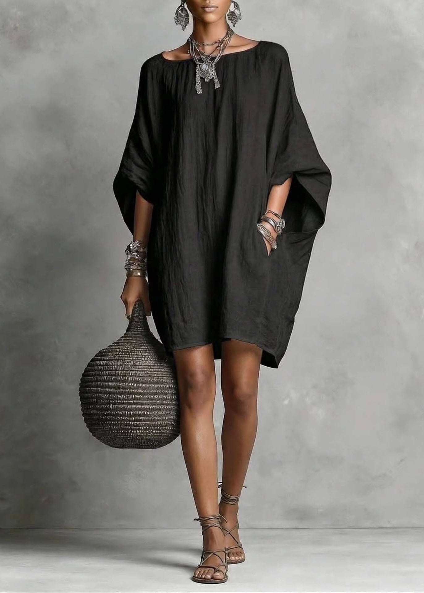 Women's Mid Dress Oversized Batwing Sleeve Casual Style 1