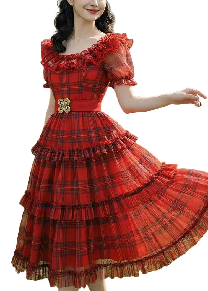 Women's Mid Dress Plaid Ruffled Summer Style 0