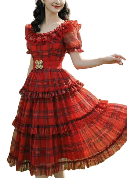 Women's Mid Dress Plaid Ruffled Summer Style 0