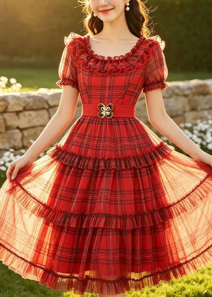 Women's Mid Dress Plaid Ruffled Summer Style 1
