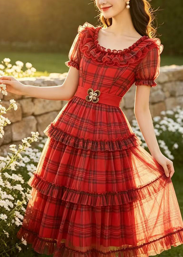 Women's Mid Dress Plaid Ruffled Summer Style 2