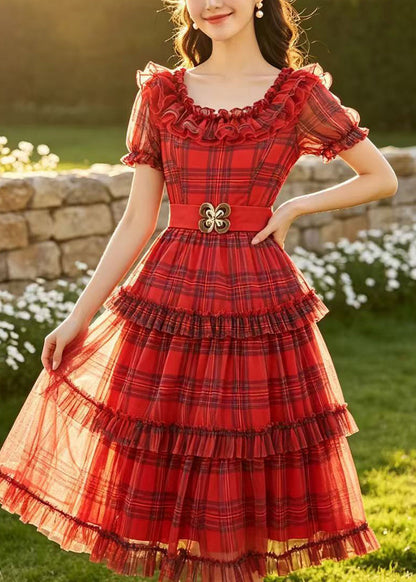 Women's Mid Dress Plaid Ruffled Summer Style 3