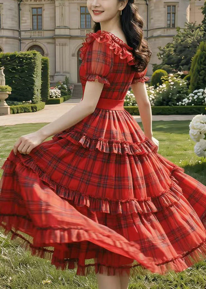 Women's Mid Dress Plaid Ruffled Summer Style 4