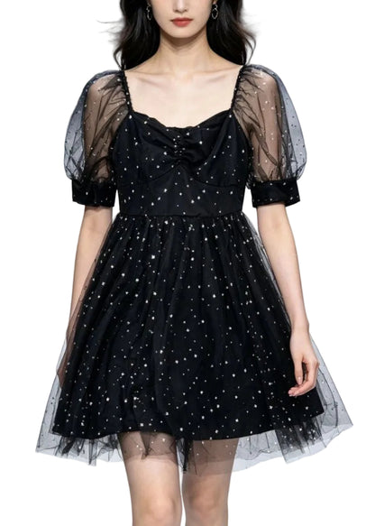 Women's Mid Dress Square Collar Patchwork Short Sleeve 0