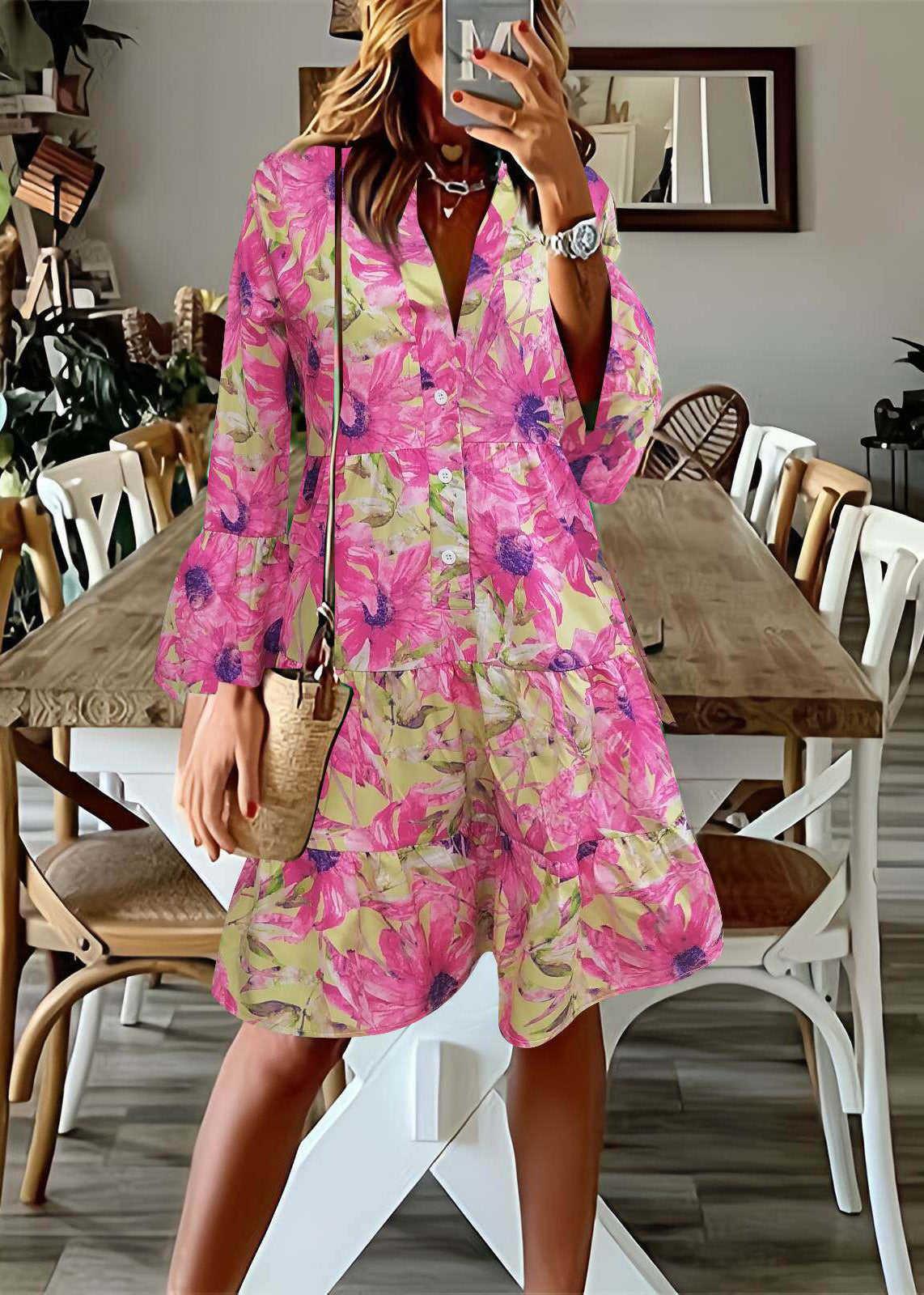 Women's Mid Dress V Neck Flare Sleeve Summer Style 1