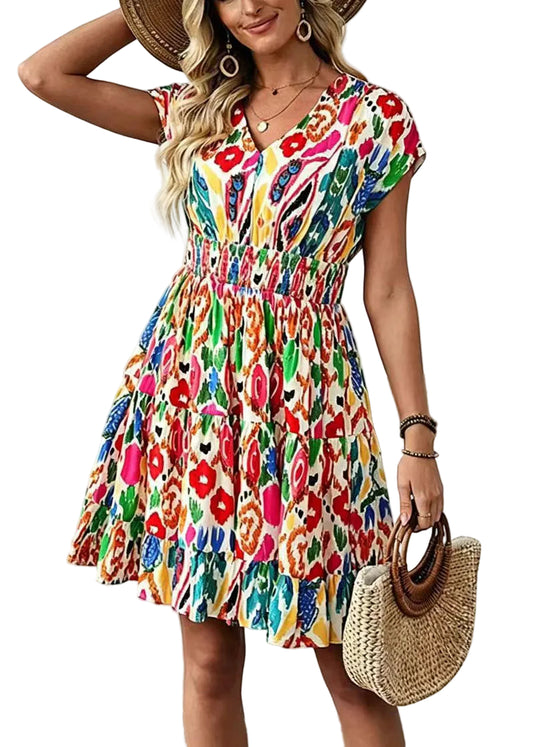 Women's Mid Dress V Neck Printed High Waist Summer Style 0