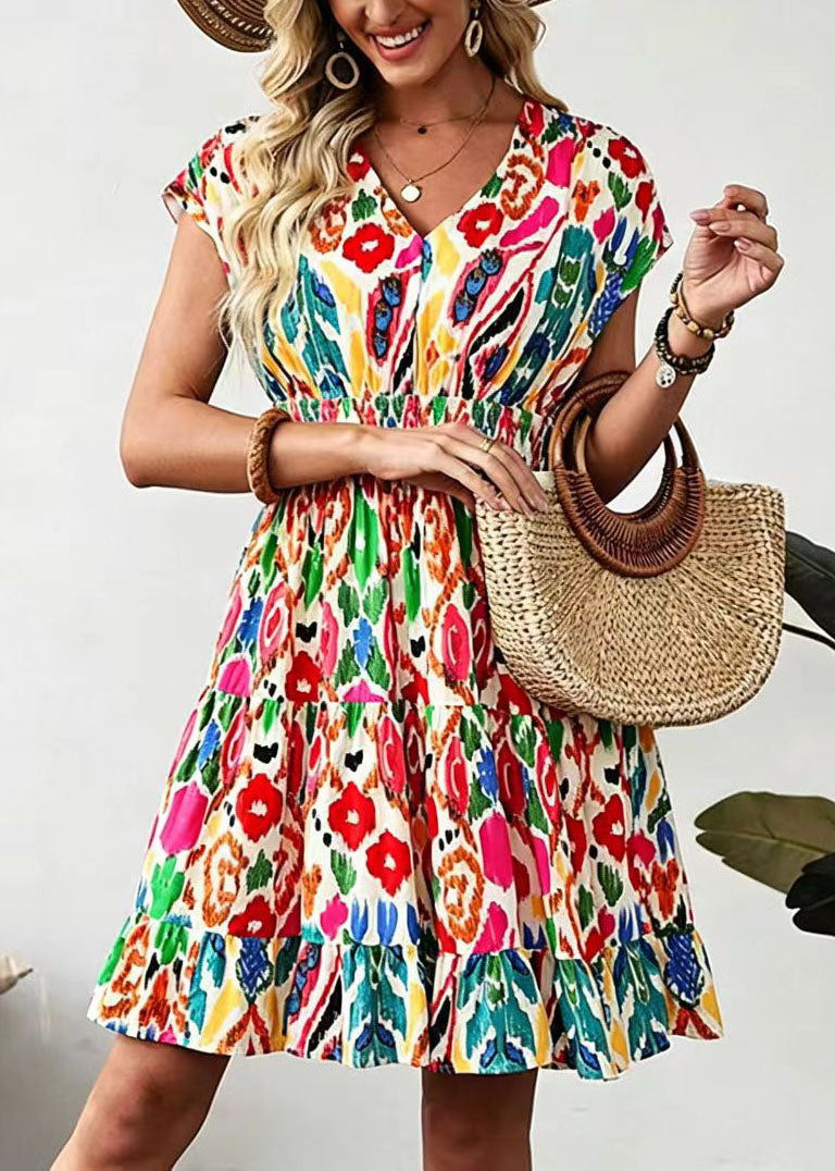 Women's Mid Dress V Neck Printed High Waist Summer Style 1