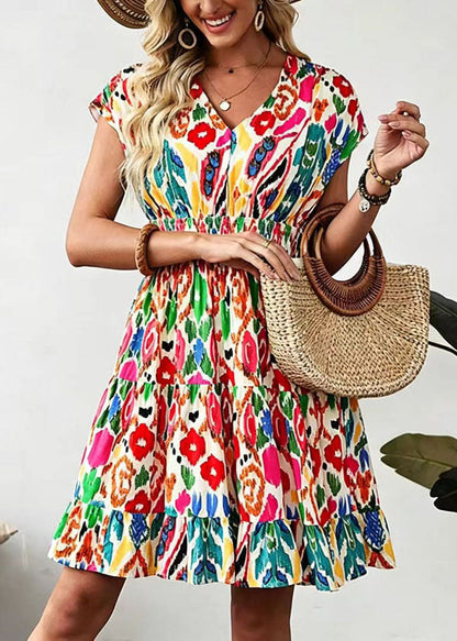 Women's Mid Dress V Neck Printed High Waist Summer Style 1