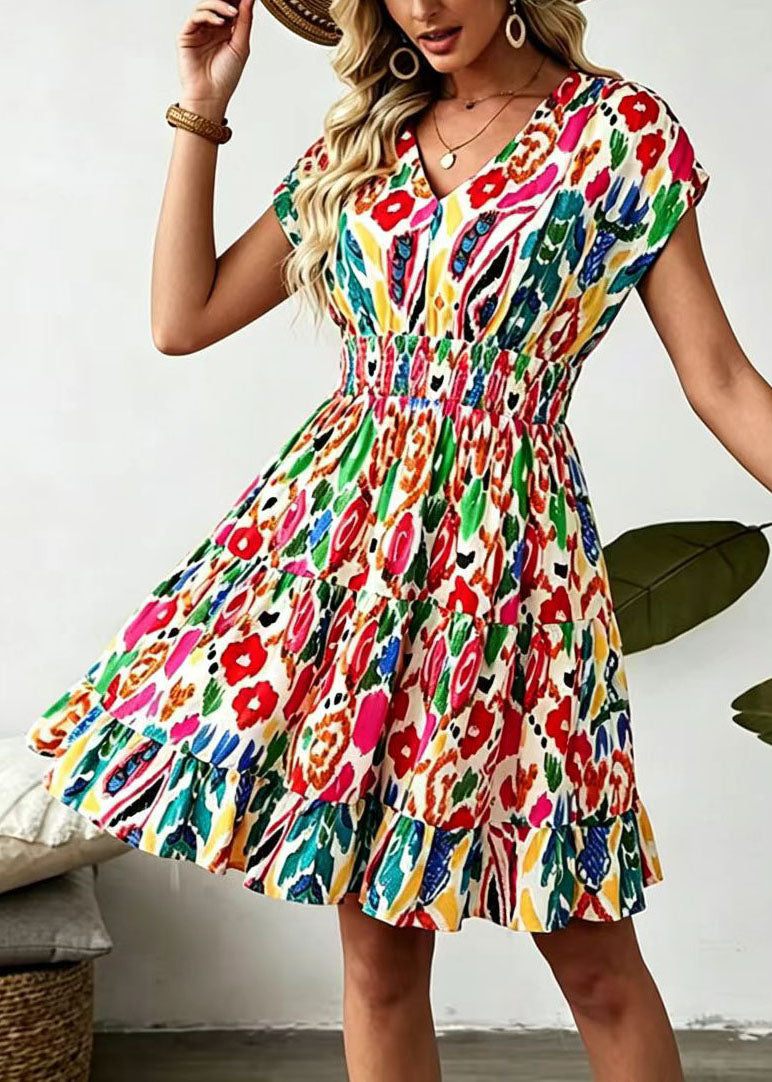 Women's Mid Dress V Neck Printed High Waist Summer Style 2