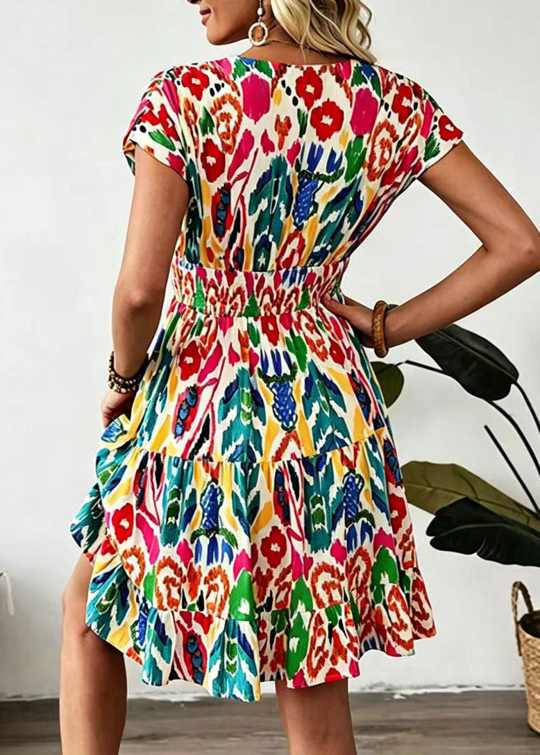 Women's Mid Dress V Neck Printed High Waist Summer Style 4