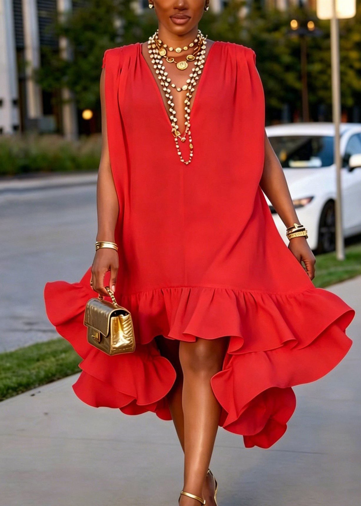 Women's Mid Dress V Neck Ruffled Patchwork Style 1