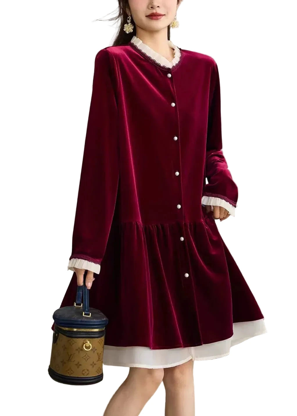Women's Midi Dress Ruffled O-Neck Loose Fit 0