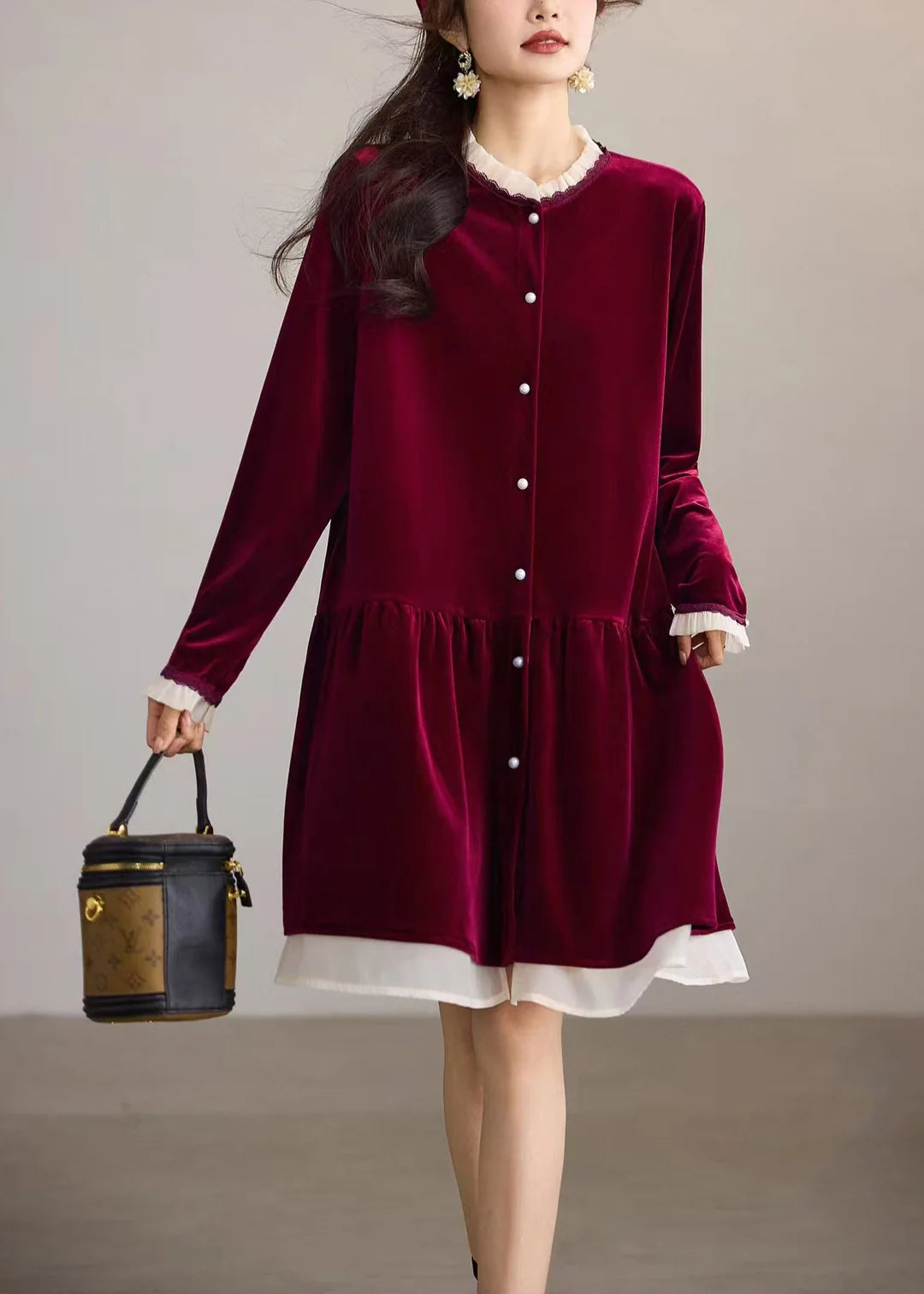 Women's Midi Dress Ruffled O-Neck Loose Fit 1