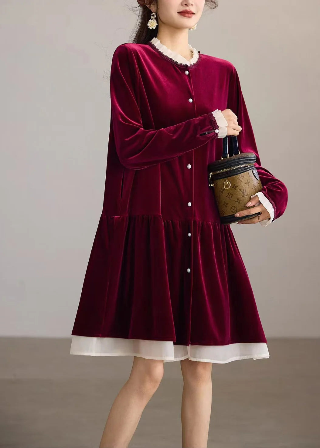 Women's Midi Dress Ruffled O-Neck Loose Fit 2