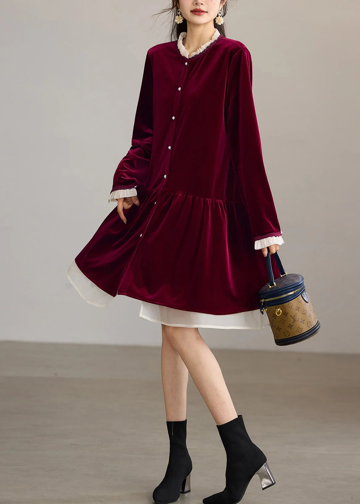 Women's Midi Dress Ruffled O-Neck Loose Fit 3